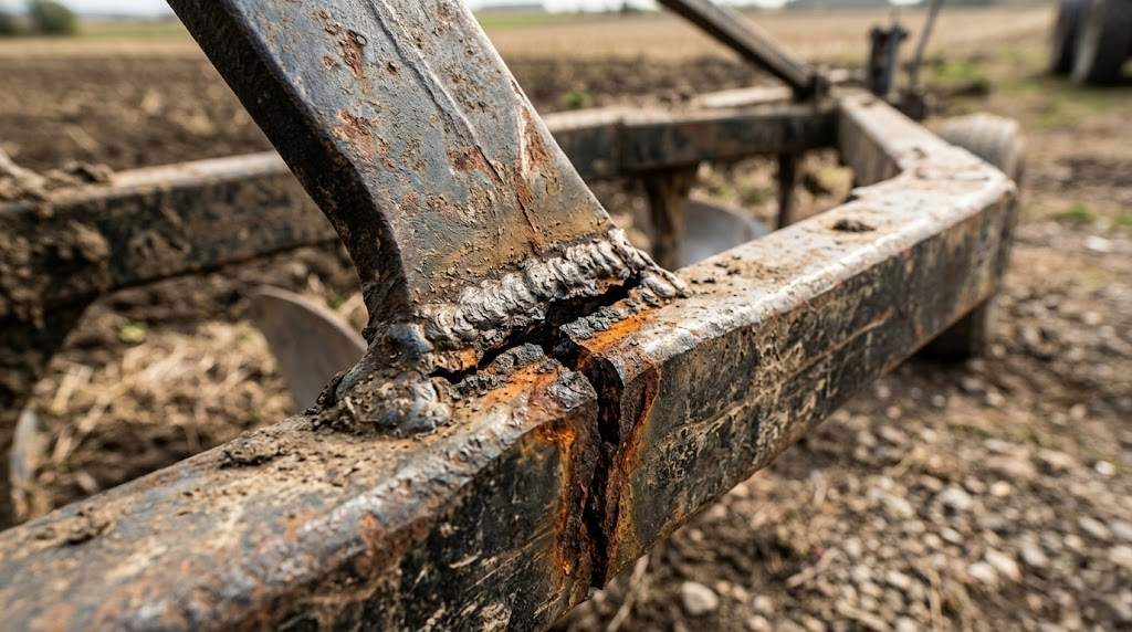 Fisură la îmbinarea sudată a unui braț de plug agricol, vizibilă prin rugina care iese din crăpătură