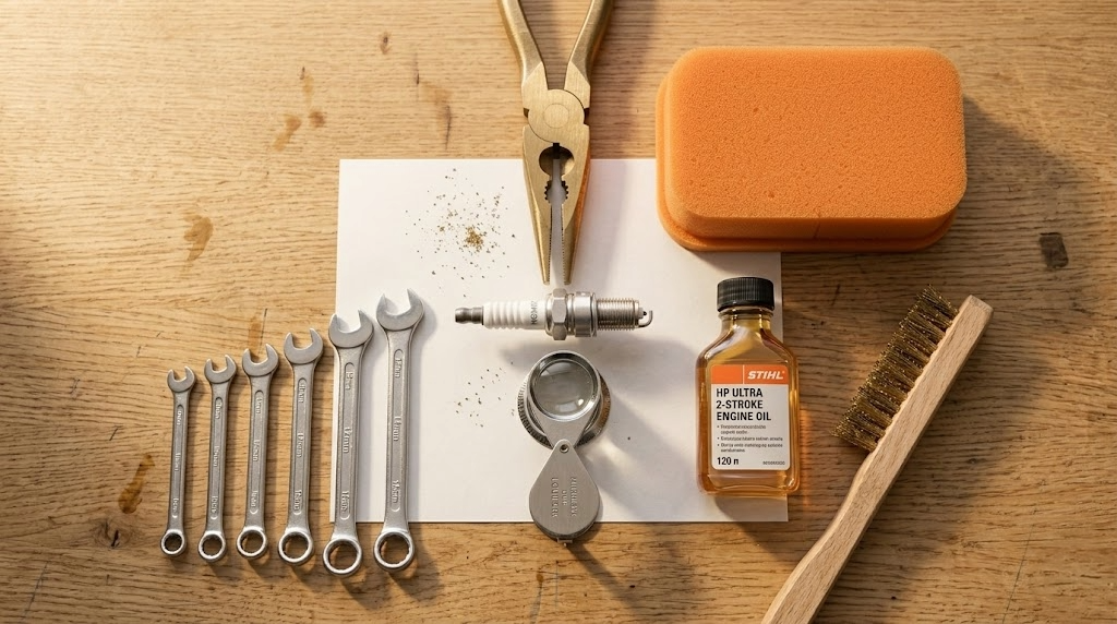 Kit revizie motor 4 timpi motocultivator Ruris: bujie, filtru aer, ulei motor și scule