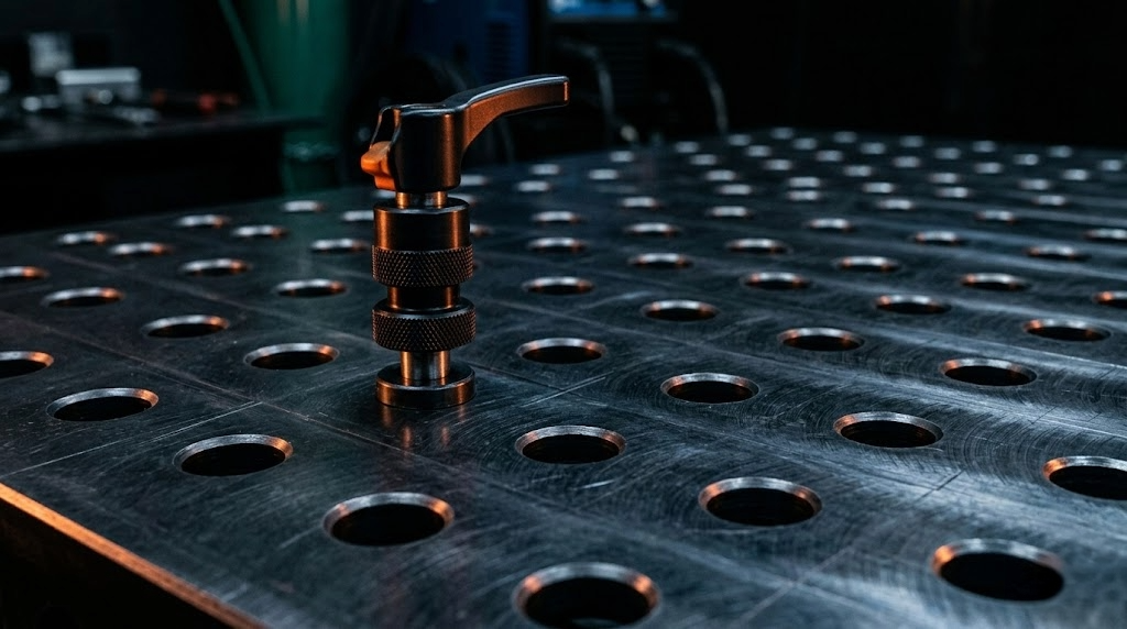 Detaliu suprafață masă de sudură cu sistem de găuri 16mm și clemă de prindere montată