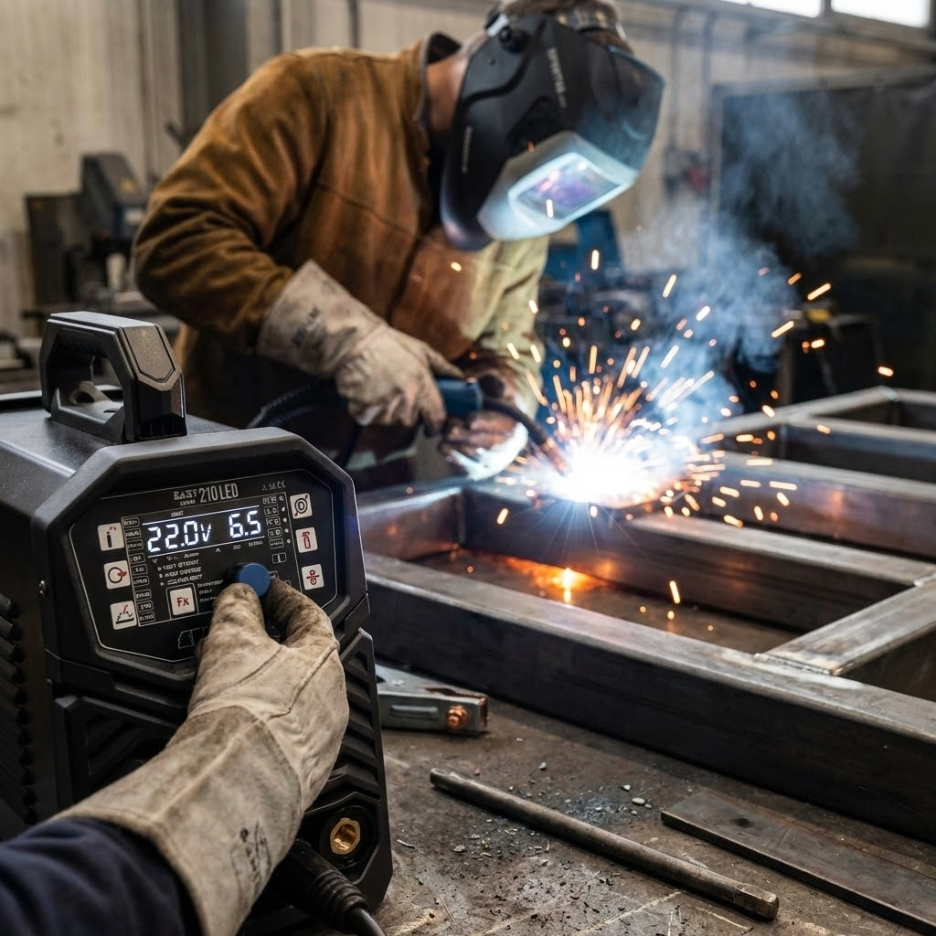 Prompt: A dynamic close-up shot of a welder using the Spartus 210 LED. Focus is on the bright, clear LED display panel of the machine, showing simple parameters. In the slightly blurred background, bright sparks fly from a MIG-MAG welding torch working on a steel frame. Industrial, energetic atmosphere.