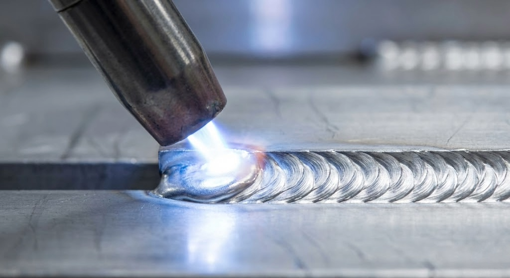 Prompt: A macro, highly detailed photograph of a perfect 'fish scale' aluminum weld seam being created. The MIG-MAG torch nozzle is visible, emitting a bright blue-white arc. The focus is strictly on the aesthetics and precision of the weld, demonstrating the capability of Dual Pulse technology. Clean, industrial setting.