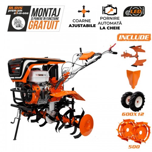 Motosapatoare RURIS 918 ACC PRO + roti cauciuc 6.00-12 + rarita + plug reversibil rev2 + roti metalice 500 18 CP