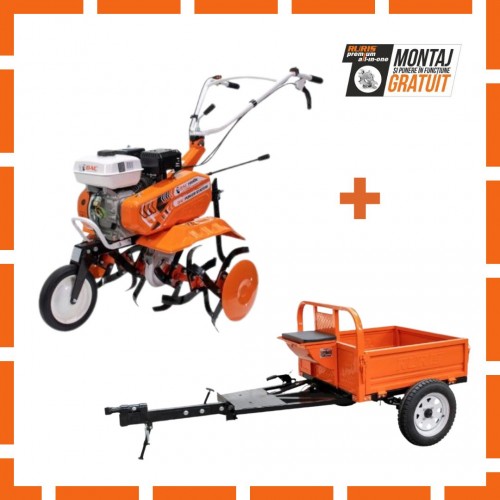 Motosapa DAC 7000K, 7CP, roti cauciuc 4.00-8+rarita ajustabila+roti metalice+Remorca RURIS 450S, 450 kg, Frana Mecanica si Basculare Manuala