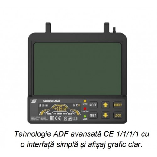 Masca ESAB SENTINEL™A60 Masca de sudura automata Camp vizual: 118 x 71 mm Opacitate: 3/5-13 ADF Memorie pentru până la 9 setări Masca ESAB SENTINEL™A60 Masca de sudura automata Camp vizual: 118 x 71 mm Opacitate: 3/5-13 ADF Memorie pentru până la 9 setări