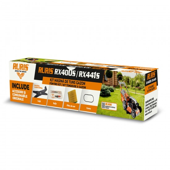 kit masina de tuns gazon ruris rx400s/441s {cutit mulching doublecutting, curea, filtru aer, bujie, kit surub}
