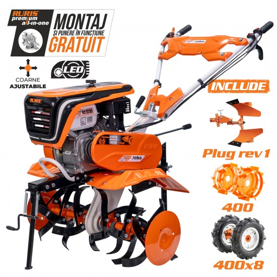 Motosapa RURIS 701KS + roti cauciuc 4.00-8 + plug reversibil rev1 + roti metalice 400 fara manicot 7 CP
