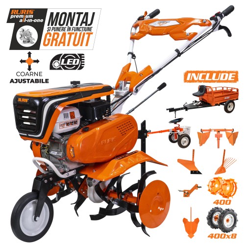 motosapa ruris 7500acc6 + roti cauciuc 4.00-8+rarita ajustabila+plug+adaptor+dispozitiv cartofi+cultivator multifunctional+accesoriu tractat+roti metalice 400 fara manicot+remorca ruris 550s