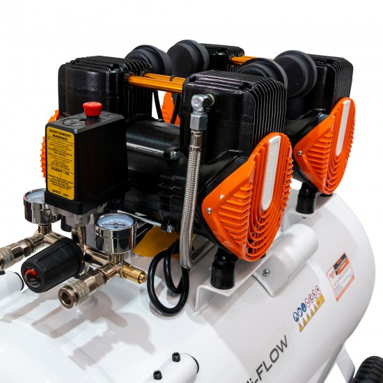 Compresor Silentios RURIS Silent Power 10000 OilFree – 3000W, 100L, 528 l/min, 8 Bar, Fara Ulei, 2 Cilindri, 2 Iesiri