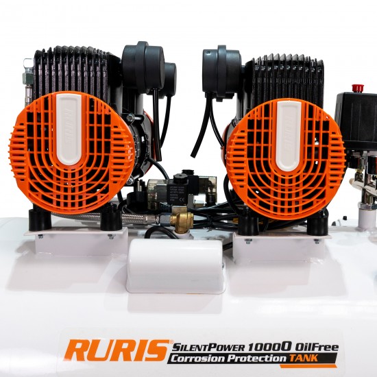 Compresor Silentios RURIS Silent Power 10000 OilFree – 3000W, 100L, 528 l/min, 8 Bar, Fara Ulei, 2 Cilindri, 2 Iesiri