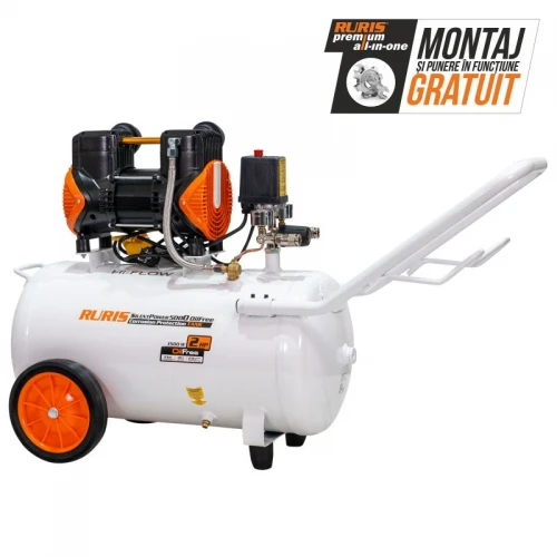 Compresor Silentios RURIS Silent Power 5000 OilFree – 1500W, 50L, 236 l/min, 8 Bar, Fara Ulei, 2 Cilindri, 2 Iesiri