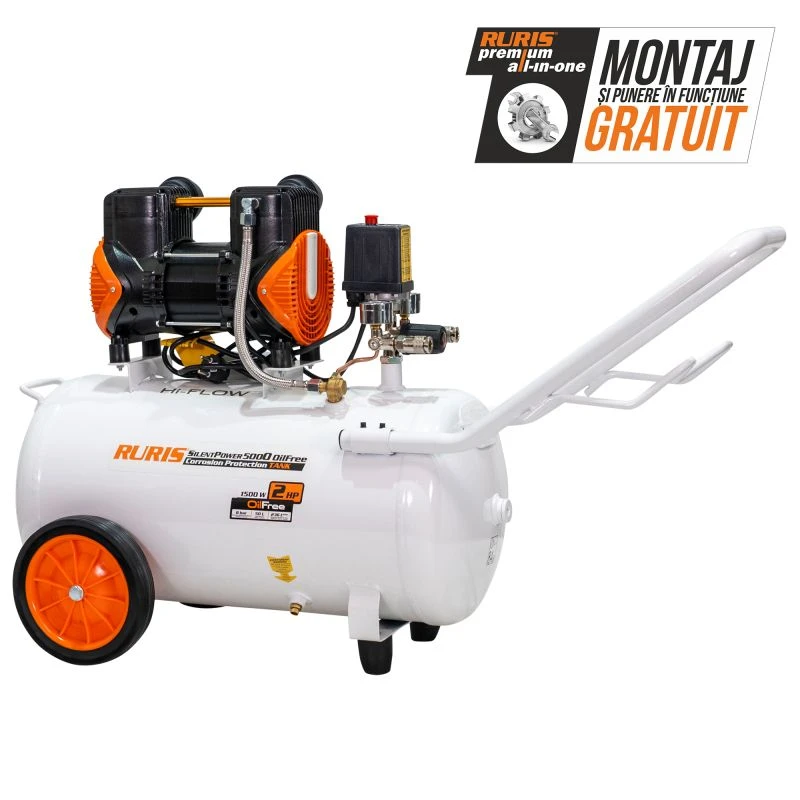 Compresor Silentios RURIS Silent Power 5000 OilFree – 1500W, 50L, 236 l/min, 8 Bar, Fara Ulei, 2 Cilindri, 2 Iesiri
