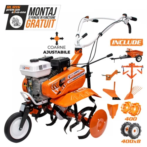 Motosapa DAC 7000 ACC4 + roti cauciuc 4.00-8+rarita+plug+adaptor+dispozitiv scos cartofi+roti metalice 400 fara manicot+cultivator+remorca RURIS 450S 7CP 