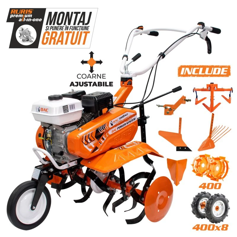 Motosapa DAC 7000 ACC3 + roti cauciuc 4.00-8+rarita+plug+adaptor+dispozitiv scos cartofi+roti metalice 400 fara manicot+cultivator