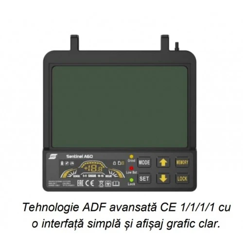 Masca ESAB SENTINEL™A60 Masca de sudura automata Camp vizual: 118 x 71 mm Opacitate: 3/5-13 ADF Memorie pentru până la 9 setări Masca ESAB SENTINEL™A60 Masca de sudura automata Camp vizual: 118 x 71 mm Opacitate: 3/5-13 ADF Memorie pentru până la 9 setări