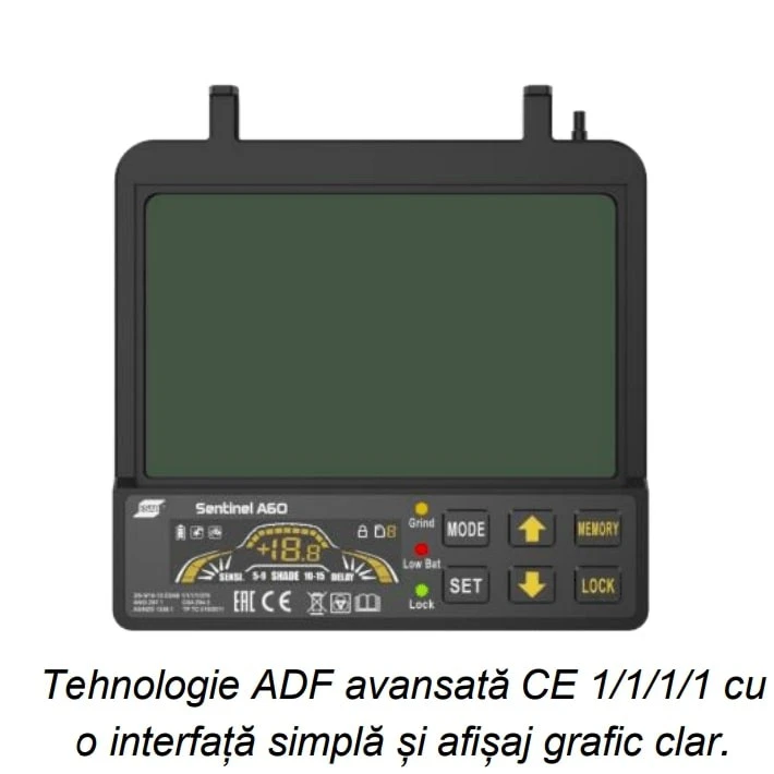 Masca ESAB SENTINEL™A60 Masca de sudura automata Camp vizual: 118 x 71 mm Opacitate: 3/5-13 ADF Memorie pentru până la 9 setări Masca ESAB SENTINEL™A60 Masca de sudura automata Camp vizual: 118 x 71 mm Opacitate: 3/5-13 ADF Memorie pentru până la 9 setări