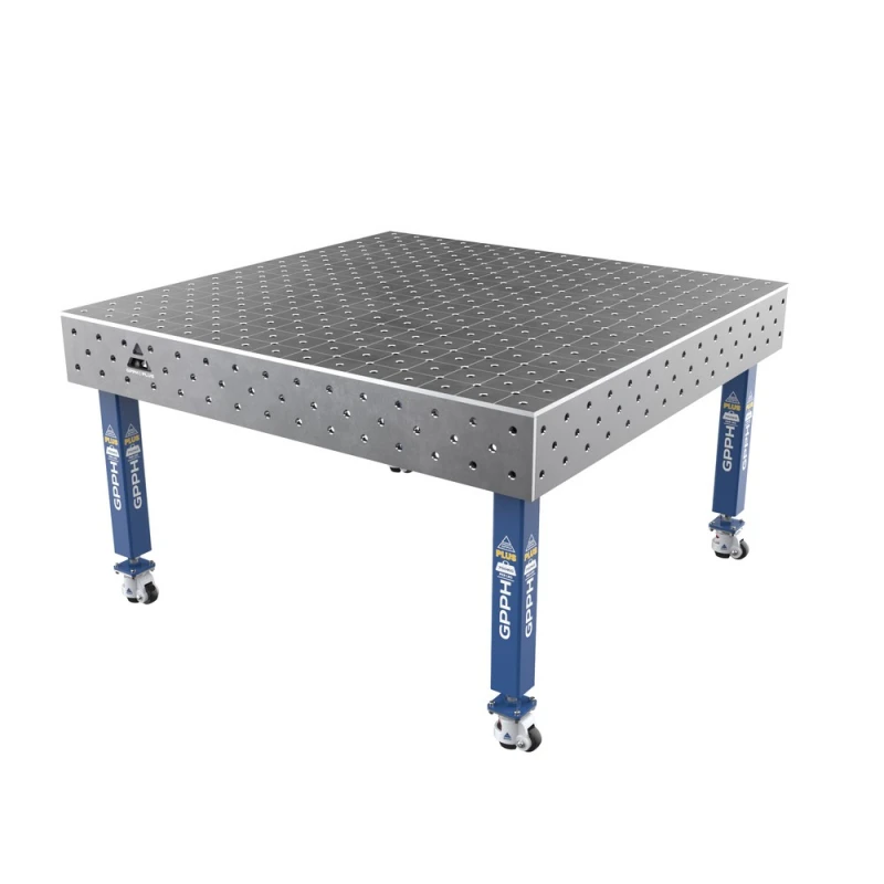 Masa sudura, GPPH, PLUS, 1500x1480 mm, blat 12 mm, gauri 16 mm, retea diagonala, pe roti