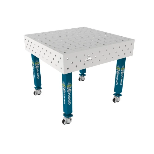 Masa sudura inox, GPPH, PLUS INOX, 16_100x100_K_INOX_PLUS_100x100, 1000x1000 mm, blat 12 mm, gauri 16 mm, retea 100x100, pe roti