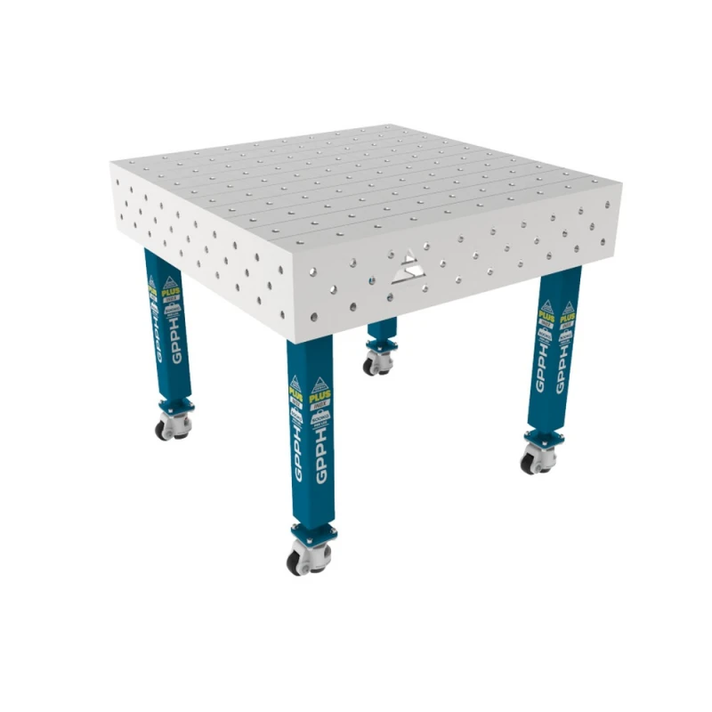 Masa sudura inox, GPPH, PLUS INOX, 1000x1000 mm, gauri 16 mm, retea 100x100, pe roti