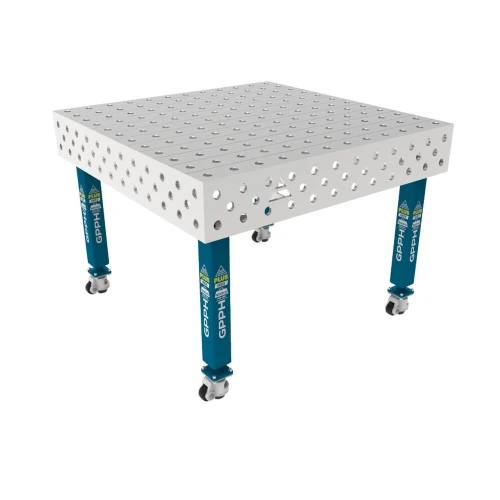 Masa sudura inox, GPPH, PLUS INOX, 28_100x100_K_INOX_PLUS_120x120, 1200x1200 mm, blat 12 mm, gauri 28 mm, retea 100x100, pe roti