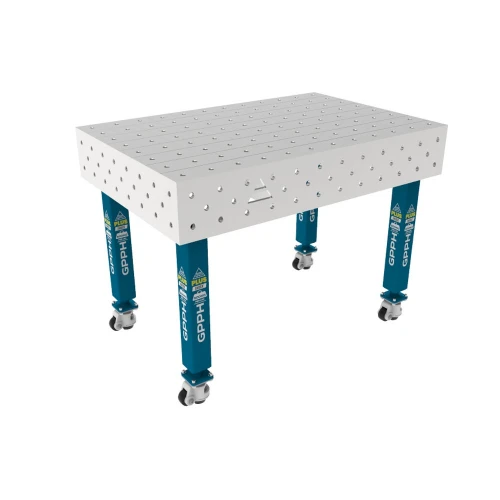 Masa sudura inox, GPPH, PLUS INOX, 16_100x100_K_INOX_PLUS_120x80, 1200x800 mm, blat 12 mm, gauri 16 mm, retea 100x100, pe roti