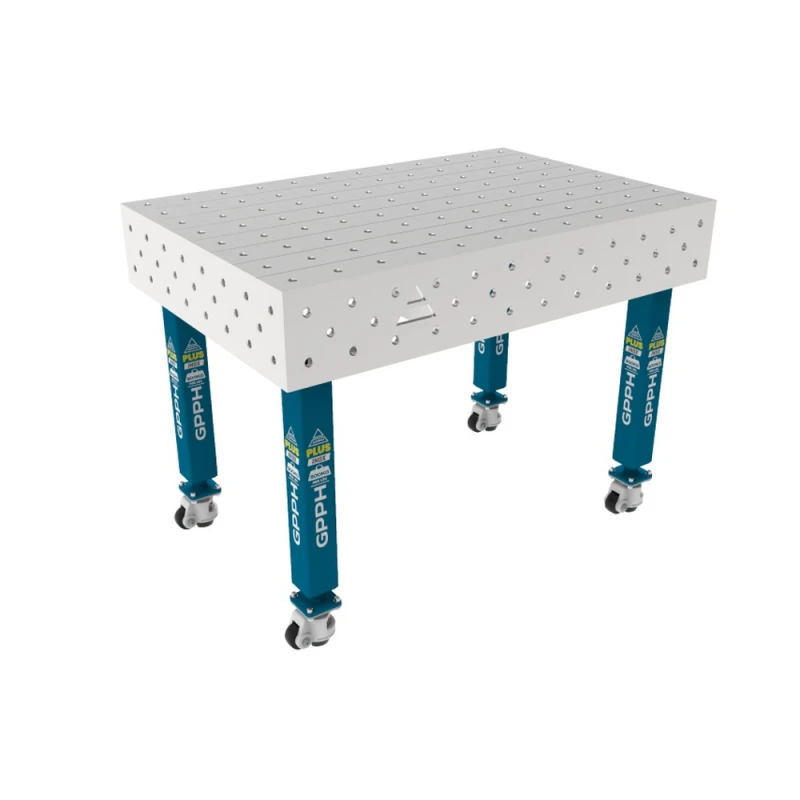 Masa sudura inox, GPPH, PLUS INOX, 1200x800 mm, gauri 16 mm, retea 100x100, pe roti