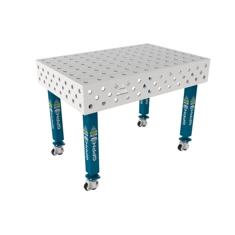 Masa sudura inox, GPPH, PLUS INOX, 1200x800 mm, gauri 28 mm, retea 100x100, pe roti
