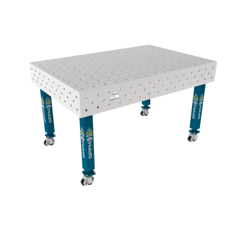 Masa sudura inox, GPPH, PLUS INOX, 1500x1000 mm, gauri 16 mm, retea 100x100, pe roti