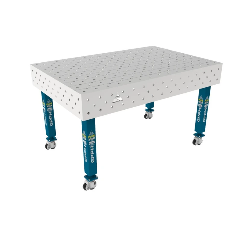 Masa sudura inox, GPPH, PLUS INOX, 1500x1000 mm, gauri 16 mm, retea diagonala, pe roti