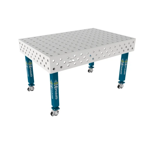 Masa sudura inox, GPPH, PLUS INOX, 28_100x100_K_INOX_PLUS_150x100, 1500x1000 mm, blat 12 mm, gauri 28 mm, retea 100x100, pe roti