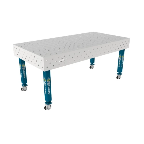 Masa sudura inox, GPPH, PLUS INOX, 16_100x100_K_INOX_PLUS_200x100, 2000x1000 mm, blat 12 mm, gauri 16 mm, retea 100x100, pe roti