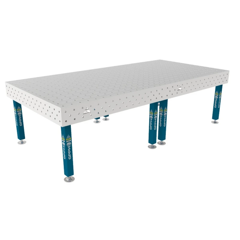Masa sudura inox, GPPH, PLUS INOX, 3000x1480 mm, gauri 16 mm, retea 100x100, pe picioare cu talpa