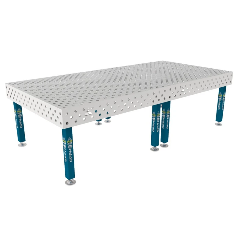 Masa sudura inox, GPPH, PLUS INOX, 3000x1480 mm, gauri 28 mm, retea diagonala, pe picioare cu talpa