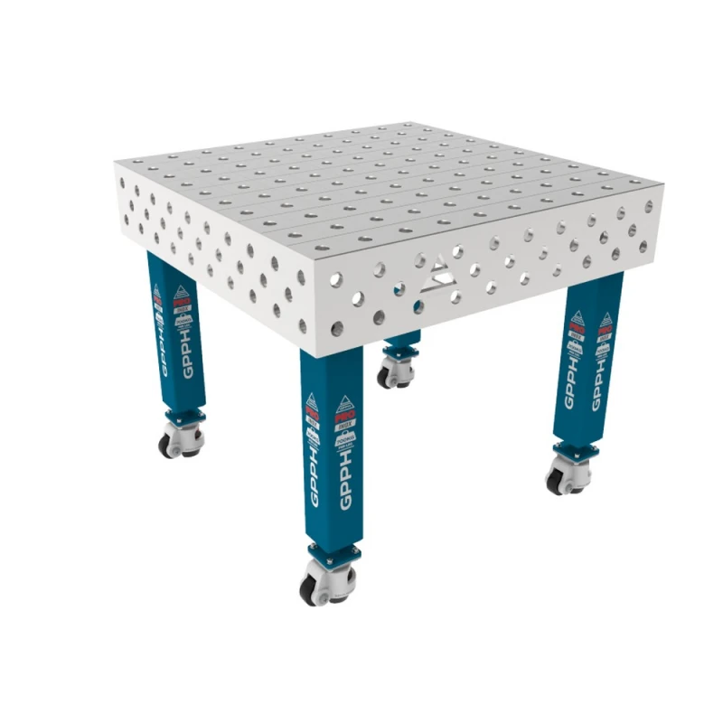 Masa sudura inox, GPPH, PRO INOX, 1000x1000 mm, gauri 28 mm, retea 100x100, pe roti