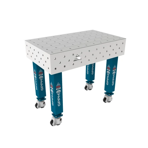 Masa sudura inox, GPPH, PRO INOX, 16_100x100_K_INOX_PRO_100x60, 1000x600 mm, blat 15 mm, gauri 16 mm, retea 100x100, pe roti