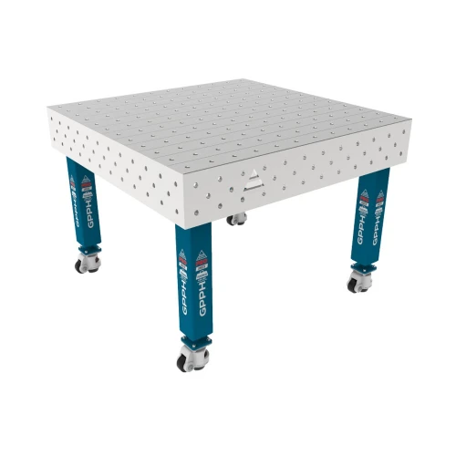 Masa sudura inox, GPPH, PRO INOX, 16_100x100_K_INOX_PRO_120x120, 1200x1200 mm, blat 15 mm, gauri 16 mm, retea 100x100, pe roti