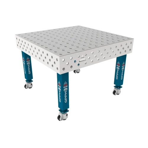 Masa sudura inox, GPPH, PRO INOX, 28_100x100_K_INOX_PRO_120x120, 1200x1200 mm, blat 15 mm, gauri 28 mm, retea 100x100, pe roti