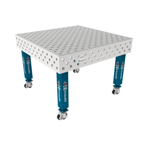 Masa sudura inox, GPPH, PRO INOX, 28_DIAG_K_INOX_PRO_120x120, 1200x1200 mm, blat 15 mm, gauri 28 mm, retea diagonala, pe roti