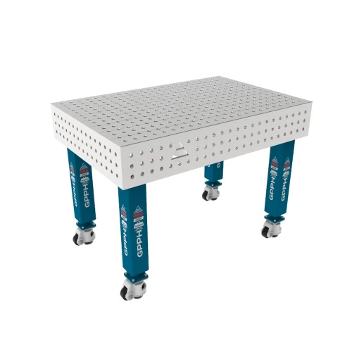 Masa sudura inox, GPPH, PRO INOX, 16_50x50_K_INOX_PRO_120x80, 1200x800 mm, blat 15 mm, gauri 16 mm, retea 50x50, pe roti