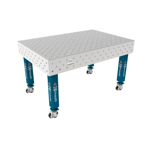 Masa sudura inox, GPPH, PRO INOX, 16_DIAG_K_INOX_PRO_150x100, 1500x1000 mm, blat 15 mm, gauri 16 mm, retea diagonala, pe roti