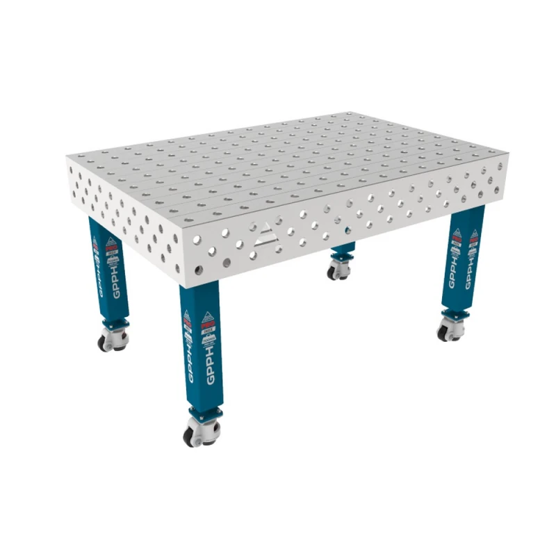 Masa sudura inox, GPPH, PRO INOX, 1500x1000 mm, gauri 28 mm, retea 100x100, pe roti