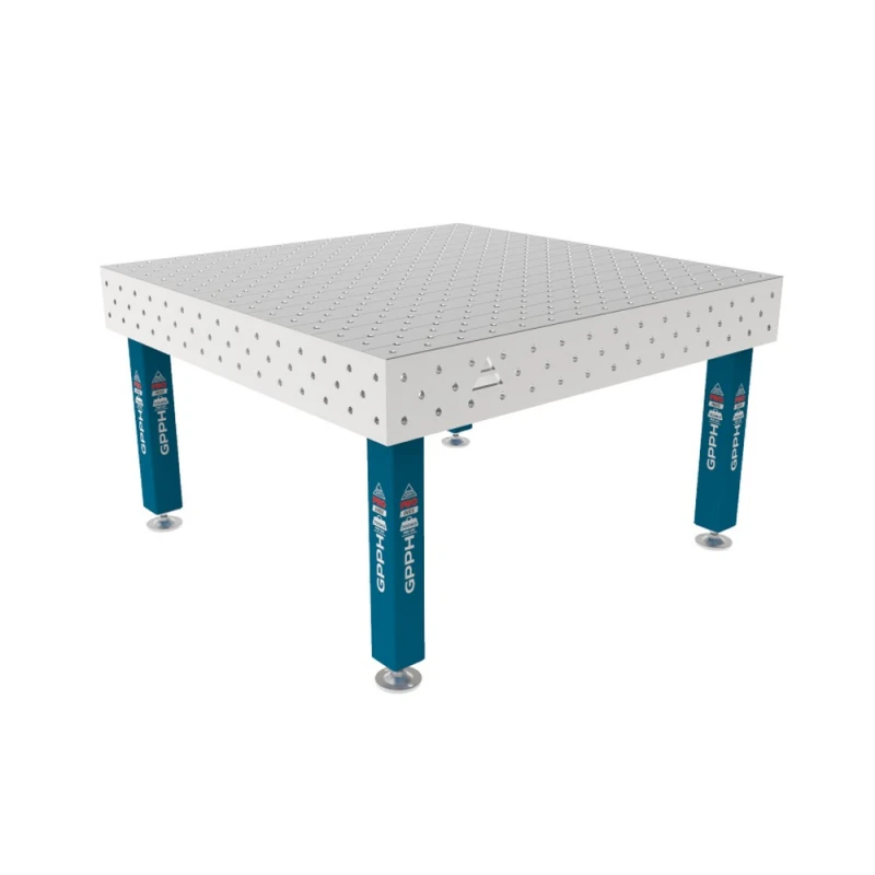 Masa sudura inox, GPPH, PRO INOX, 1500x1480 mm, gauri 16 mm, retea diagonala, pe picioare cu talpa