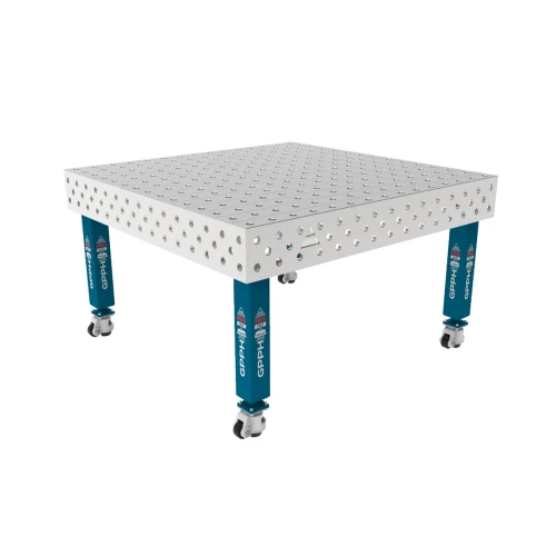 Masa sudura inox, GPPH, PRO INOX, 28_100x100_K_INOX_PRO_150x148, 1500x1480 mm, blat 15 mm, gauri 28 mm, retea 100x100, pe roti