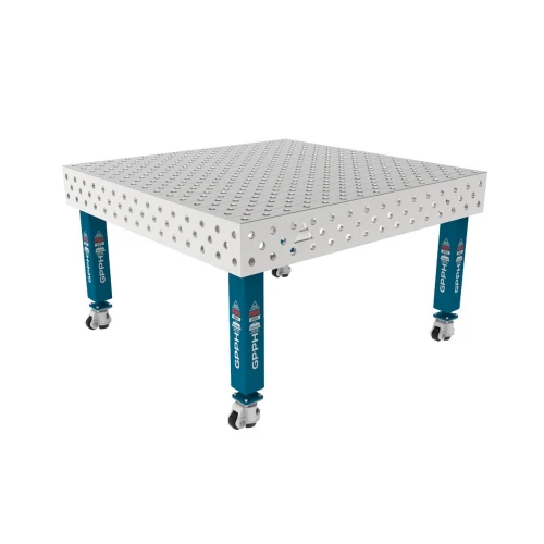 Masa sudura inox, GPPH, PRO INOX, 28_DIAG_K_INOX_PRO_150x148, 1500x1480 mm, blat 15 mm, gauri 28 mm, retea diagonala, pe roti