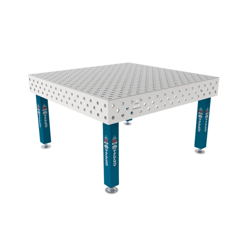 Masa sudura inox, GPPH, PRO INOX, 1500x1480 mm, gauri 28 mm, retea diagonala, pe picioare cu talpa