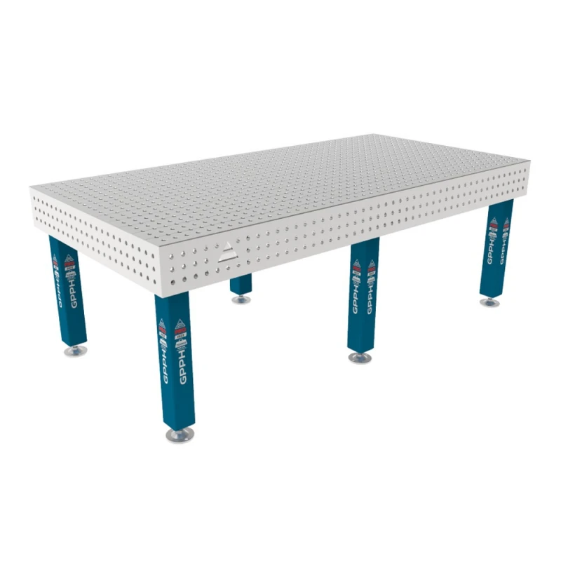 Masa sudura inox, GPPH, PRO INOX, 2400x1200 mm, gauri 16 mm, retea 50x50, pe picioare cu talpa
