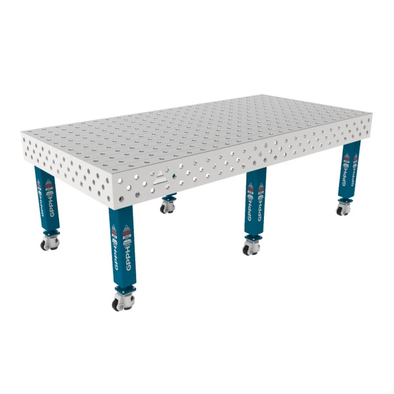 Masa sudura inox, GPPH, PRO INOX, 2400x1200 mm, gauri 28 mm, retea 100x100, pe roti