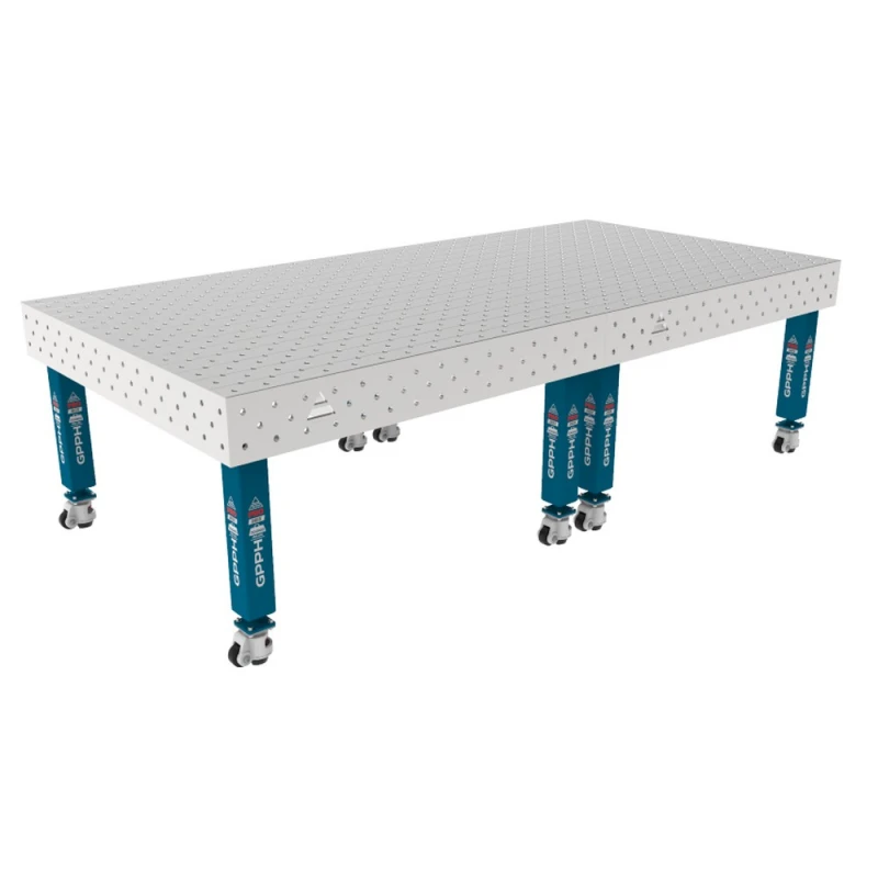 Masa sudura inox, GPPH, PRO INOX, 3000x1480 mm, gauri 16 mm, retea diagonala, pe roti