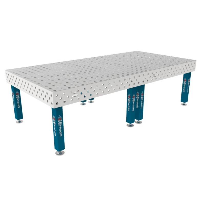 Masa sudura inox, GPPH, PRO INOX, 3000x1480 mm, gauri 28 mm, retea 100x100, pe picioare cu talpa