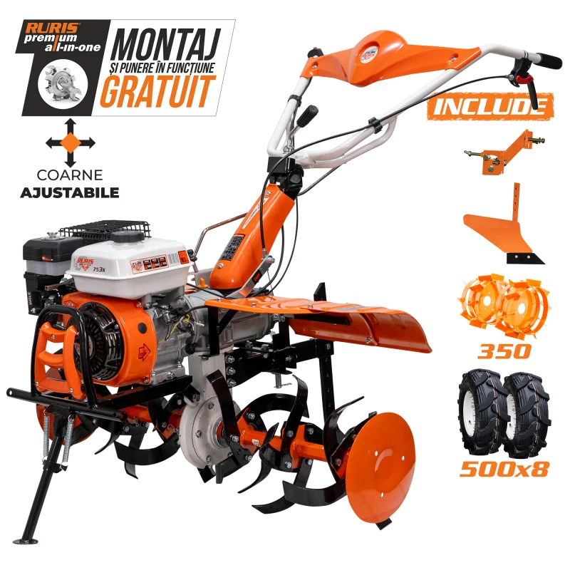 Motosapatoare RURIS 753K + roti cauciuc 5.00-8+plug+adaptor+roti metalice 350 fara manicot 7.5 CP