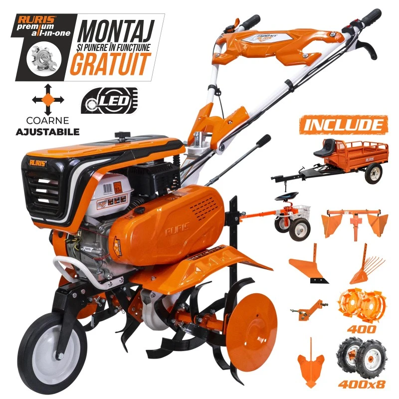 motosapa ruris 7500acc6 + roti cauciuc 4.00-8+rarita ajustabila+plug+adaptor+dispozitiv cartofi+cultivator multifunctional+accesoriu tractat+roti metalice 400 fara manicot+remorca ruris 550s